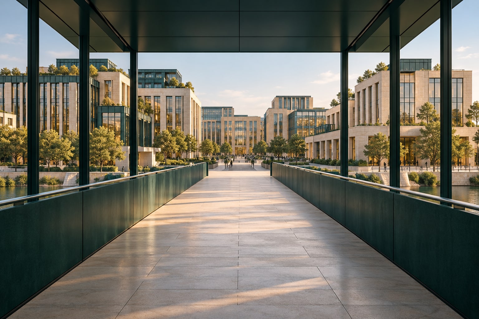 Illustrative bridge leading toward a fictional business district, framed by deep-green architecture.