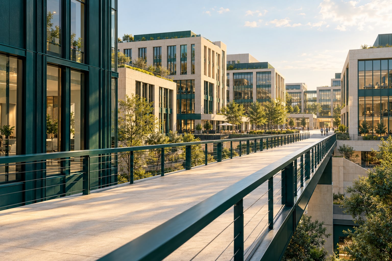 Illustrative diagonal view of a bridge connecting buildings in a fictional business district.