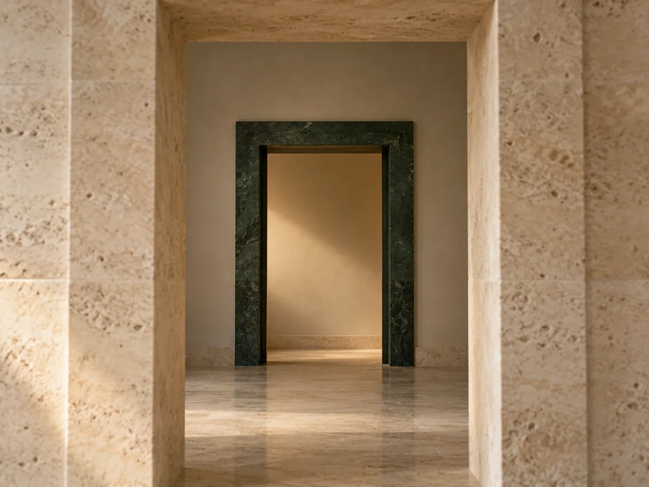 A broad travertine opening framing a smaller dark green doorway and a softly lit wall beyond.