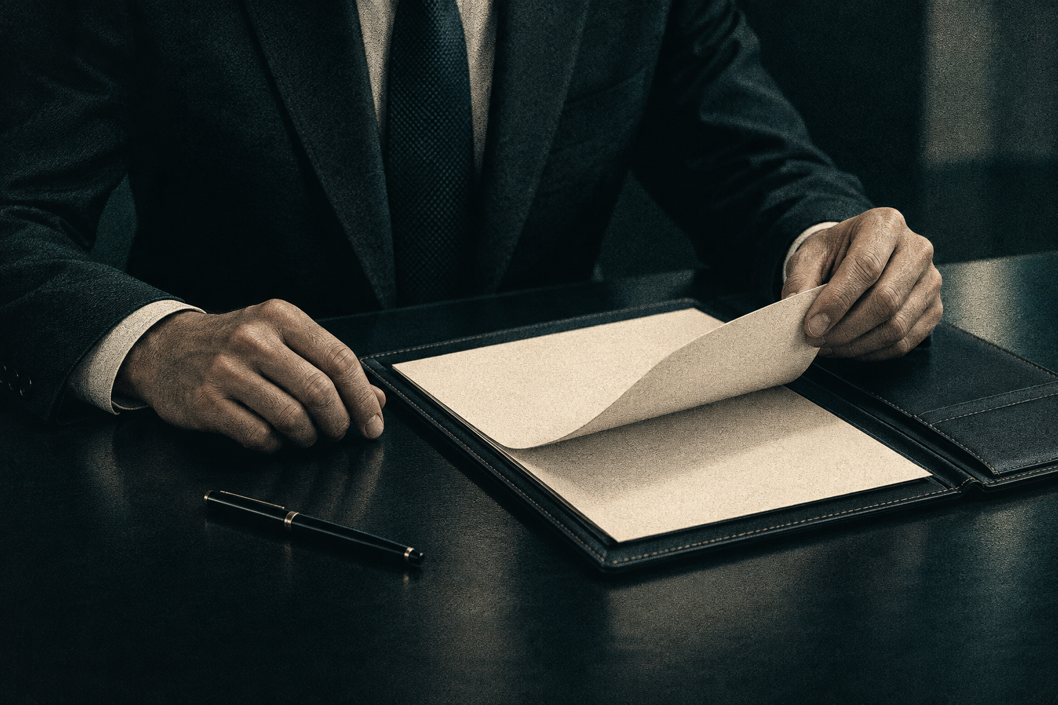 مشهد تعبيري لمراجعة مستندات عمل في حافظة جلدية.