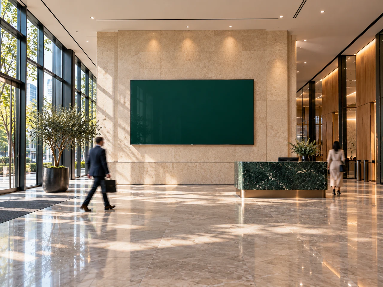 Illustrative corporate reception with a physically mounted digital display