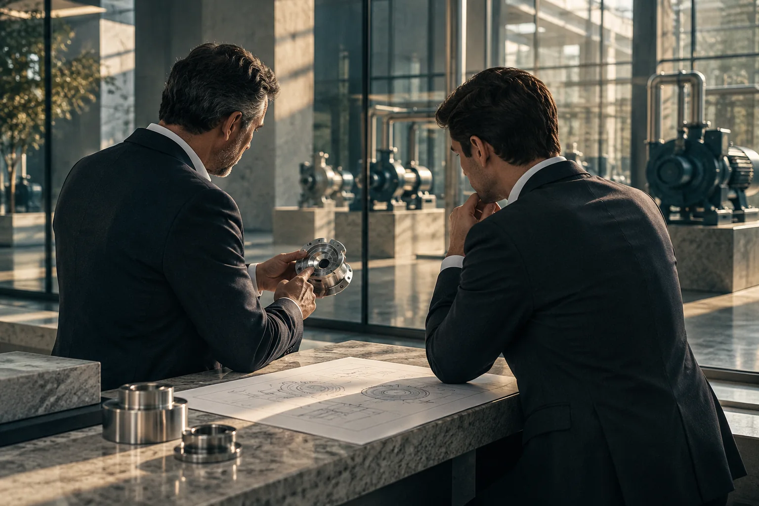 Illustrative discussion about a precision component in an industrial showroom.