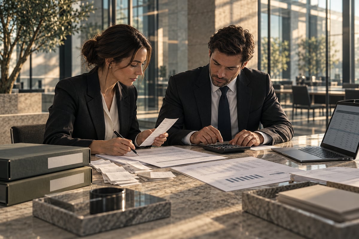 Colleagues reconciling receipts with accounting records.